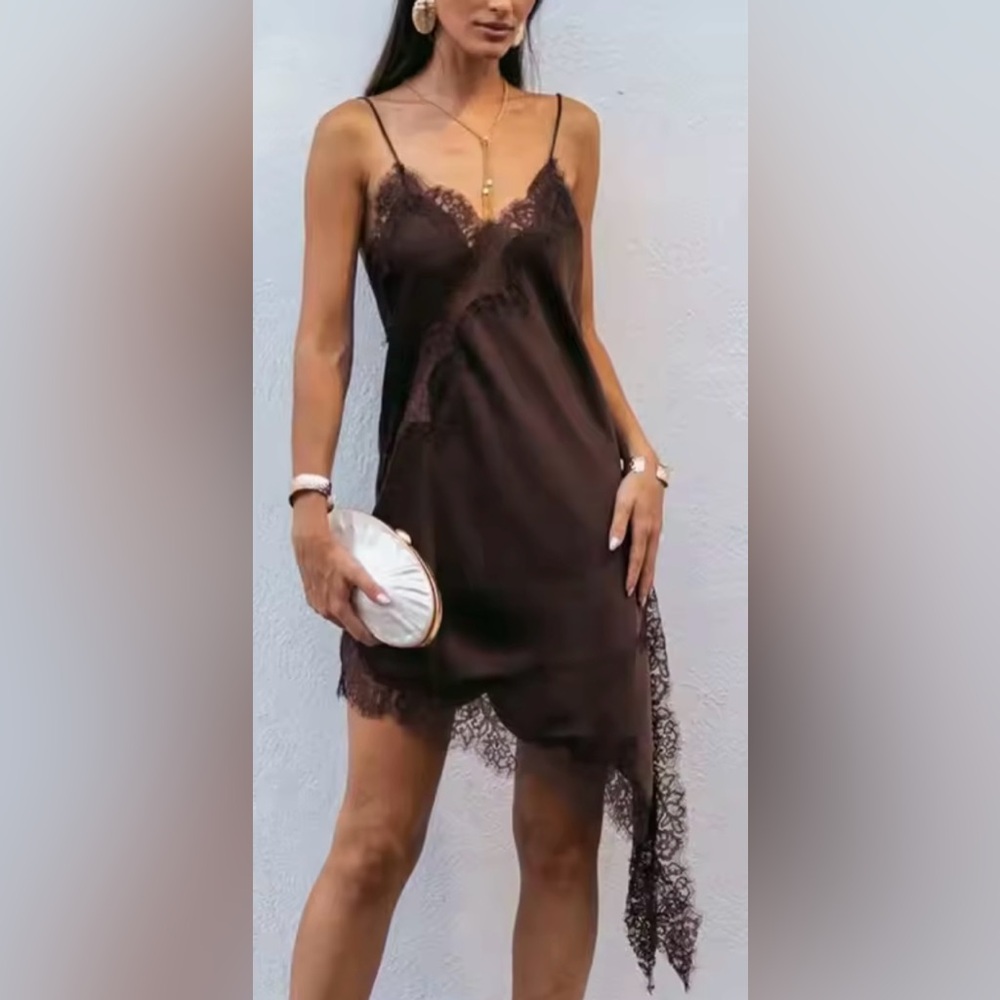 NWT - Lace Silk Black Slip Dress - Straps - Mini Dress - Y2K -Bohemian Zara Like - Picture 1 of 7